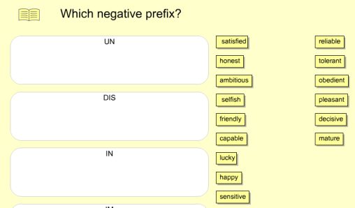 Which negative prefix?  Interactive (SOURCE: expandyourvocabulary.com)