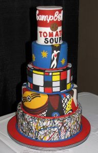 Art themed cake inspired by Pollock, Picasso, Mondrian, Matisse, and Warhol!